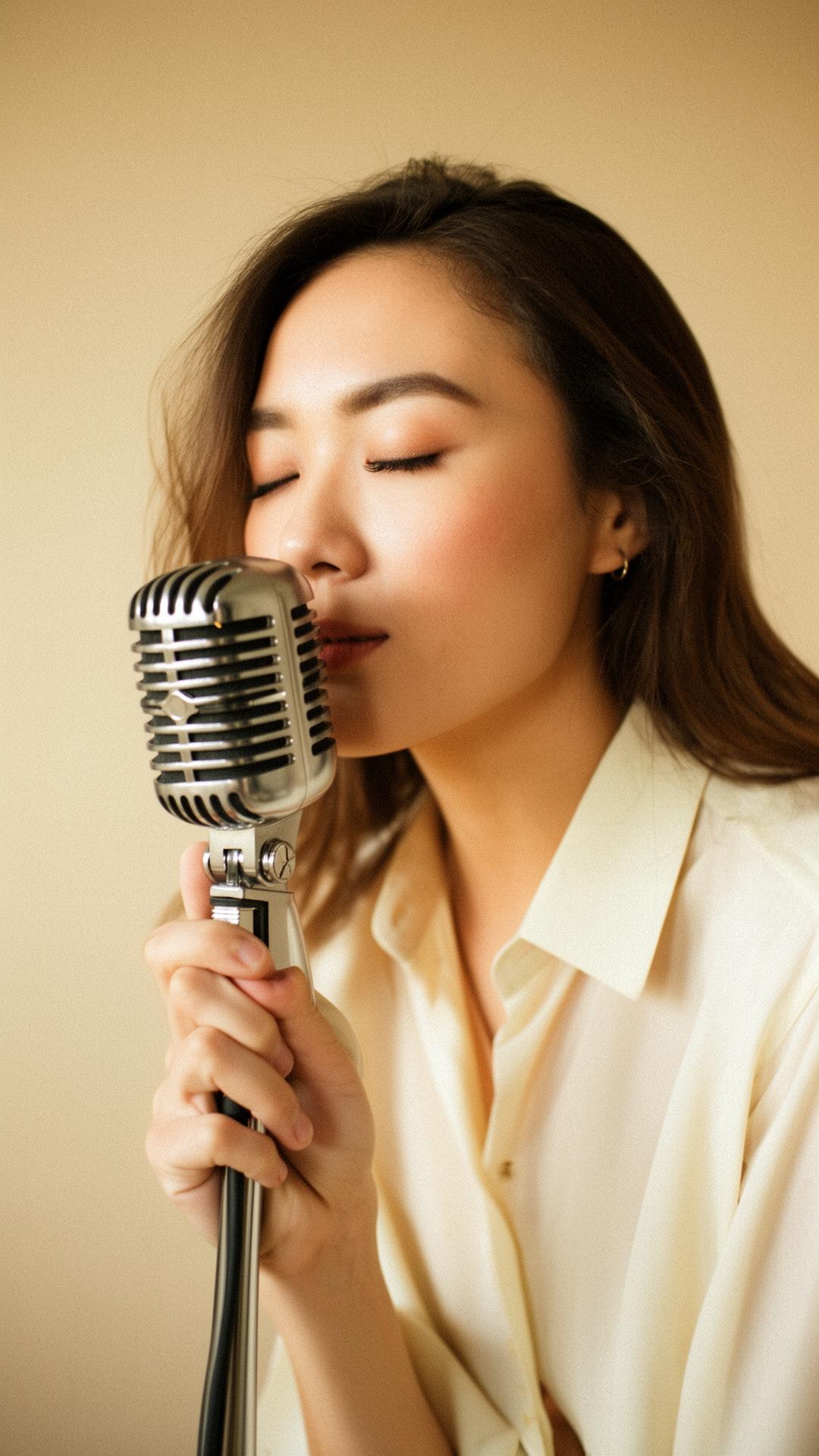 A singer holding a vintage ribbon microphone